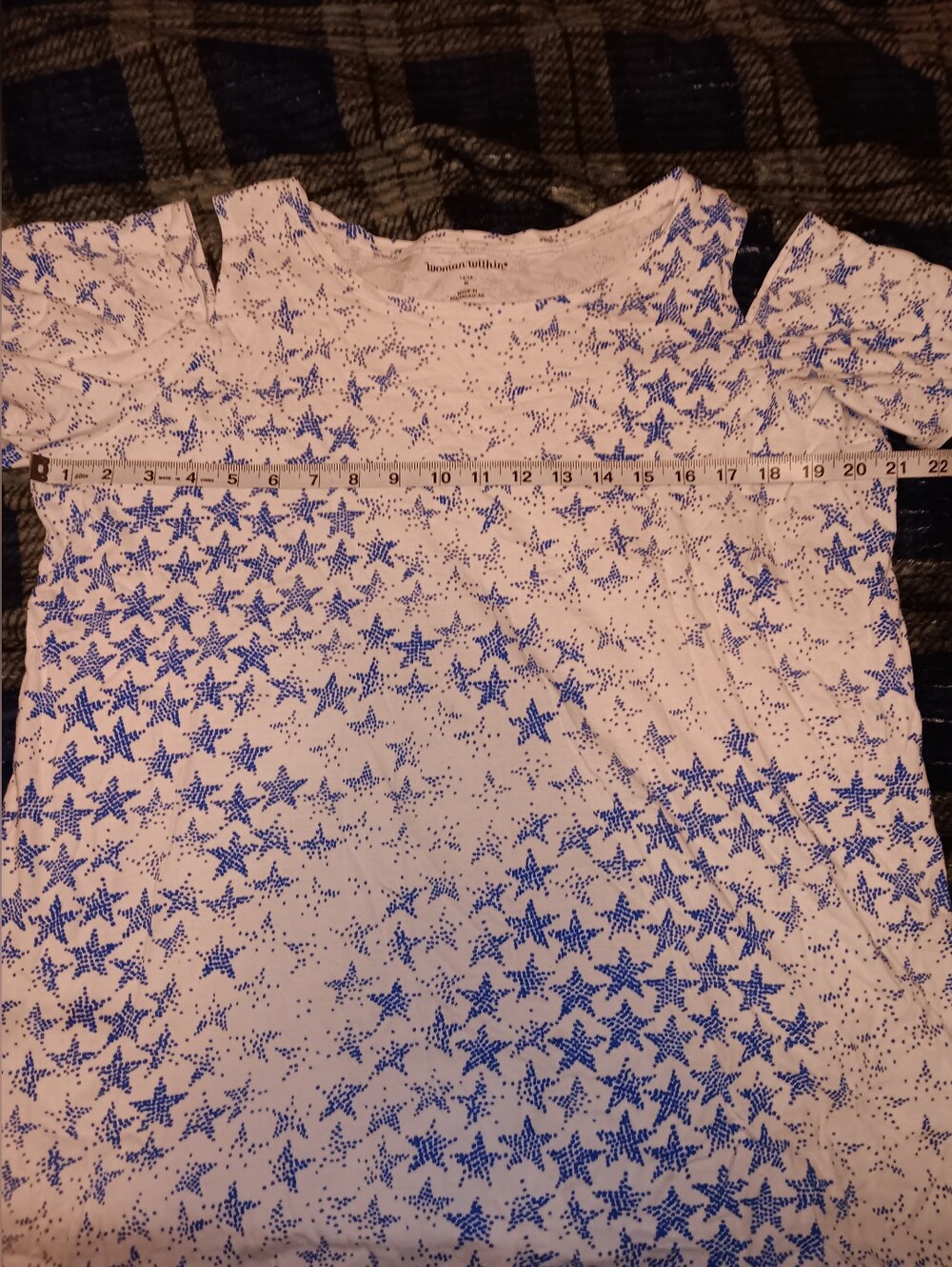 Woman Within White Short Sleeve Tee with Blue Star Pattern